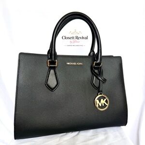 Michael Kors Black Saffiano Leather Satchel with Gold Accent Charm
